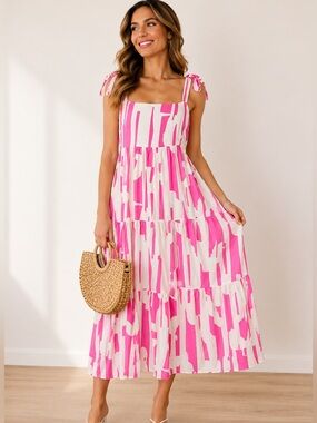 By the River Pink & White Striped Smocked Tie Strap Maxi Dress Size Large